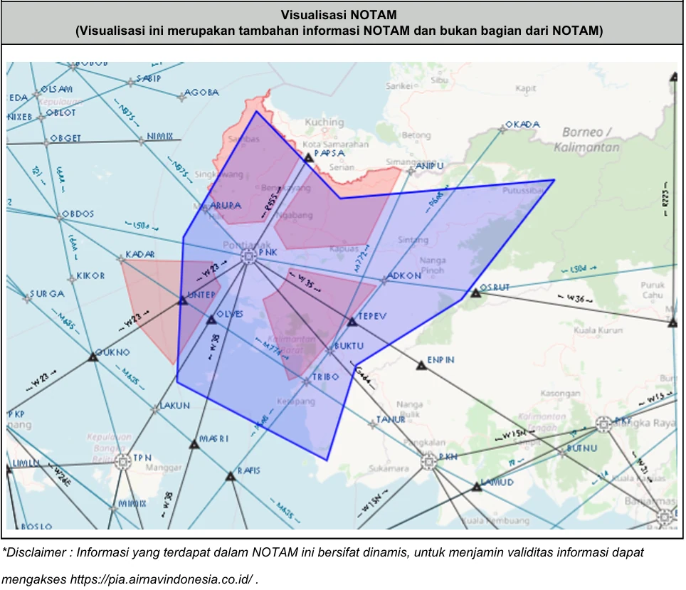 Visualization of the NOTAM area over a route map of western Java