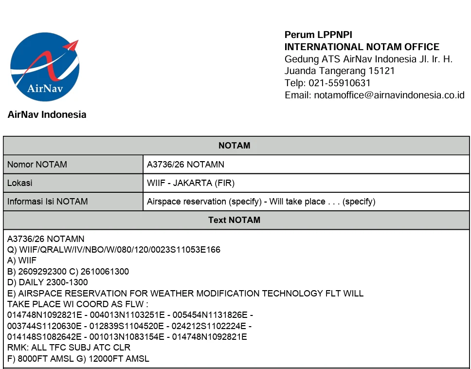 NOTAM A3736/26 from the AirNav Indonesia International NOTAM Office: airspace reservation in the Jakarta FIR